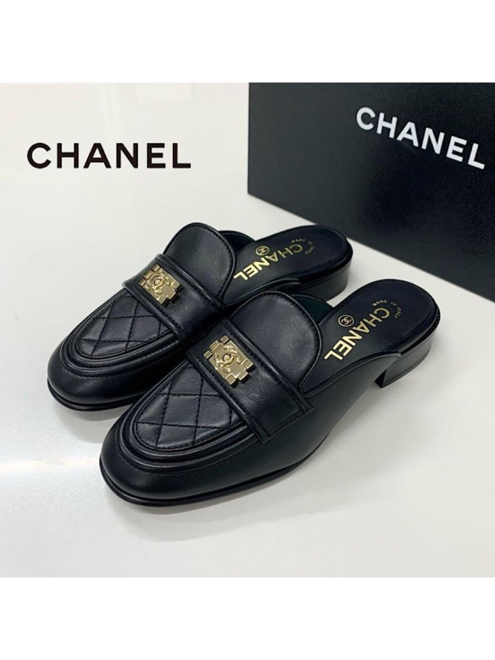 Chanel CC Logo Lambskin Quilted Boy Mules
